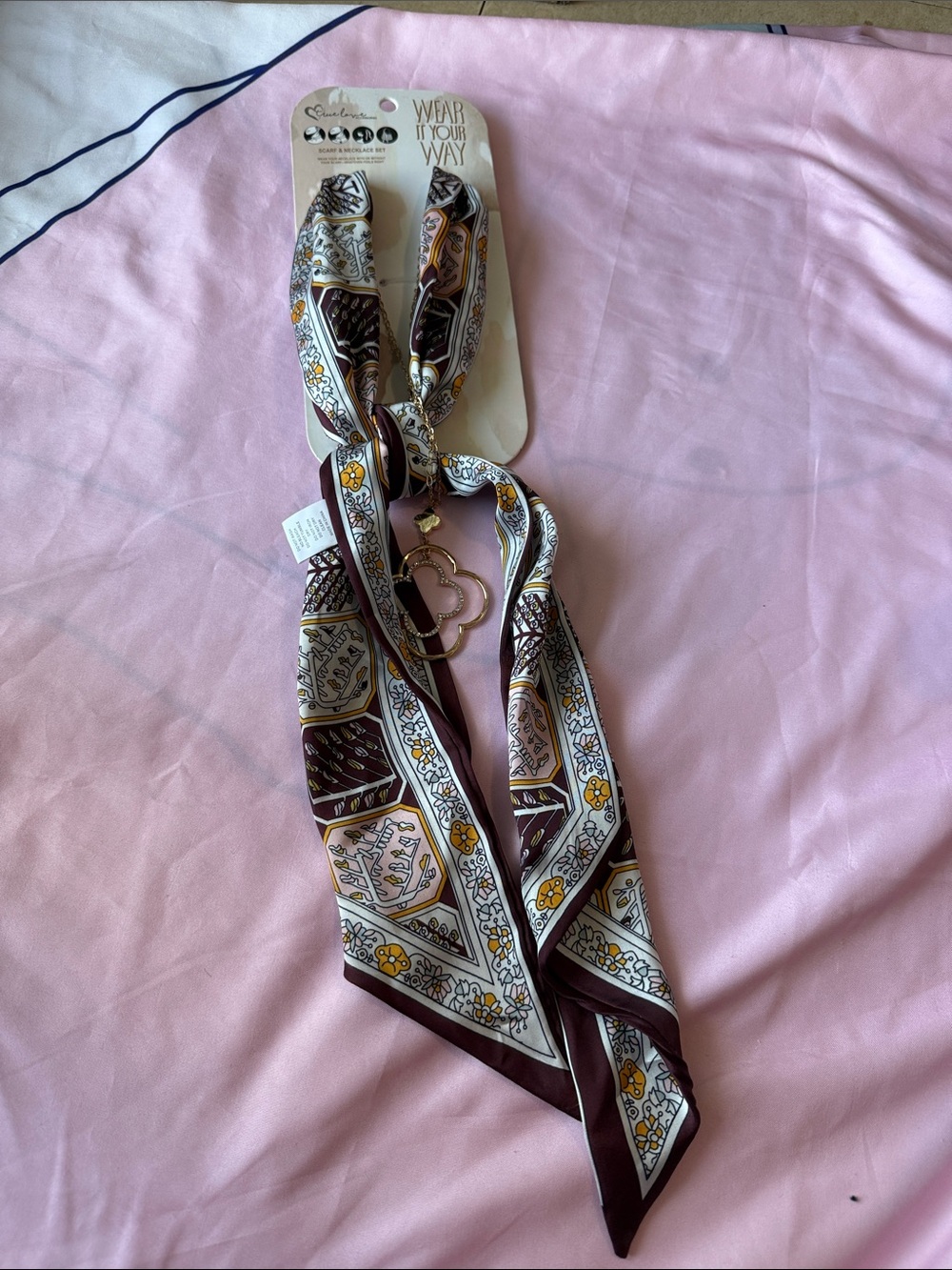 Floral Pattern Scarf Necklace - Pink & Brown- true love